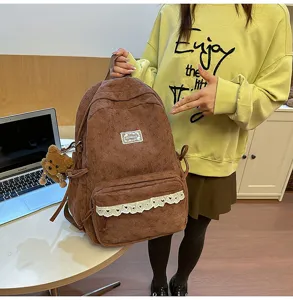 Korean style corduroy backpack for women, retro bow pattern school bag with cute bear.