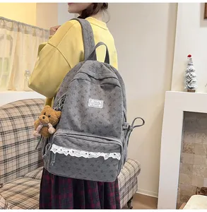 Korean ins style grey corduroy backpack bow school bag for student cute casual use