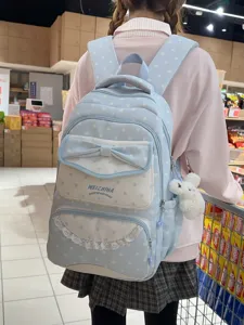 Joli sac à dos scolaire à pois et nœud pour filles, vue arrière élégante sac décontracté.