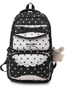Sac à dos noir et blanc à pois avec nœud et dentelle pour filles école style mignon chic