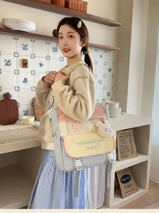 Sac à bandoulière étudiant en toile color block dopamine coréen avec pendentif lapin pour école.