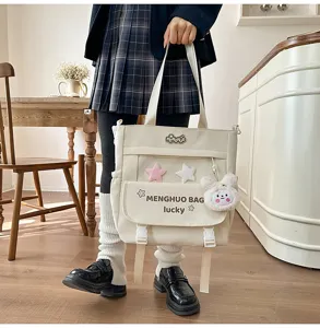 Sac cabas en toile style coréen pour étudiants avec adorables pendentifs en peluche.