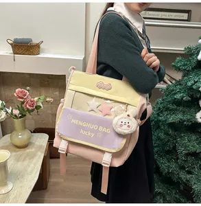 Sac à bandoulière en toile pour étudiant style coréen couleur contrastée avec pendentif lapin.