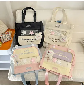 Sac cabas en toile pour filles, sac bandoulière color-block avec joli pendentif lapin.