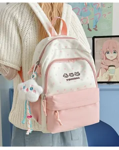 Mochila rosa y blanca con patrón de estrellas linda bolsa escolar de viaje para chicas jóvenes