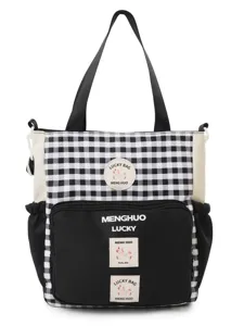 Student canvas tote bag, black and white gingham shoulder bag, large capacity crossbody bag.