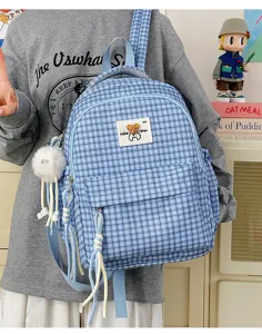 Cute plaid backpack for women, sweet casual school bookbag with plush pendant and bear patch