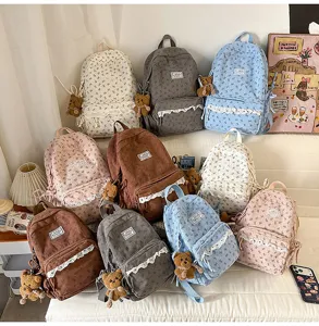 Corduroy school backpack with cute bear pendant and lace trim in multiple colors detail shot