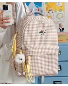 Cute Japanese ins style plaid school backpack with bear patch and yellow tassel pendant