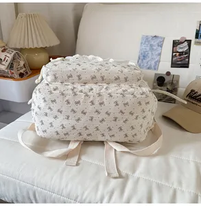Korean style ins white corduroy backpack for teenage girls students cute bow school bag daily