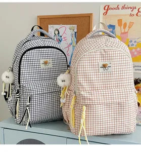 Cute sweet grid school backpack, Japanese ins style casual daypack with fluffy plush pendant for kids