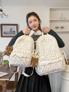 Korean Ins Style Corduroy School Backpack For Women Girls Cute Bow Lace Casual Travel Bookbag With Bear Pendant