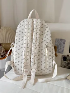 Korean style white corduroy backpack for girls cute bow school bag daily casual daypack
