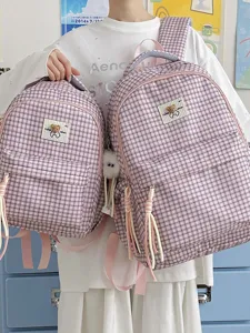 Cute pink plaid school backpack for girls, sweet Japanese style daily bookbag with bear.