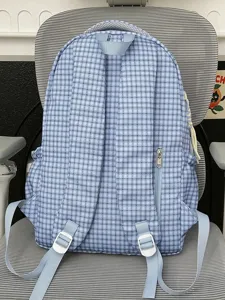 Blue and white plaid backpack cute Japanese style casual school bookbag for girls daily use