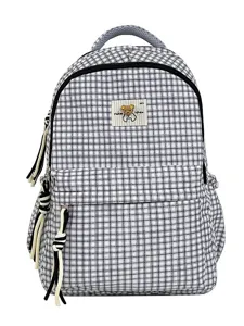 Cute black and white plaid children school backpack with sweet bear patch and stylish design.