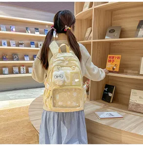 Cute Japanese style star school backpack with transparent pocket and plush pendant detail.