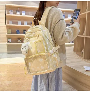 Detailed view of the Japanese style student backpack with cute star prints and clear pockets.