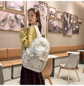 Japanese style school backpack for teen girls, cute stars print multi-pocket casual daypack.