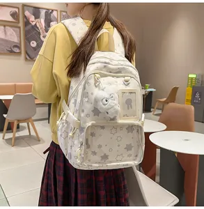 Japanese star print canvas school backpack for teen girls aesthetic student casual bookbag