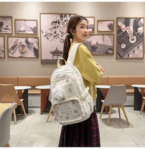Japanese style cute star pattern school backpack with multi-compartments and transparent pocket.