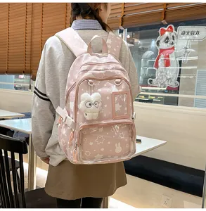 Pink star school backpack for teen girls, cute multi-compartment large capacity bookbag.