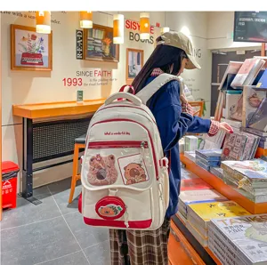 Zaino giapponese di grande capacità con tasca trasparente e delle simpatiche toppe.