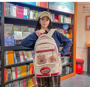 Zaino scolare in tela stile giapponese con orsetto di peluche grande capacità per studenti