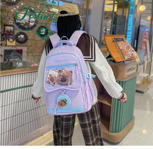 Zaino viola carino per la scuola e uso quotidiano, grande capacità con toppa di orso.