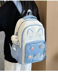 Cute Japanese cat ita-bag backpack with transparent front pocket for pins and large daily storage.