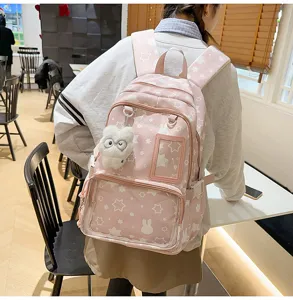 Japanese style student school backpack cute pink star pattern large capacity book bag clear pocket