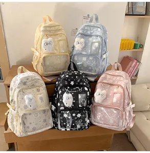 Cute Japanese style student backpack with clear front pocket and star pattern, detailed view.