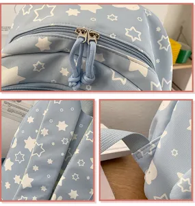 Close-up detail of light blue backpack with white star pattern, durable zippers and straps.