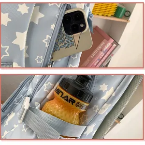 Detailed view of cute blue star print school backpack with multiple compartments.