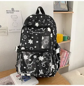 Japanese style cute star pattern black backpack with transparent front pocket large capacity