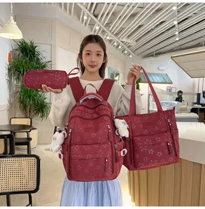Girls star print school backpack set three pieces large capacity campus style student bag