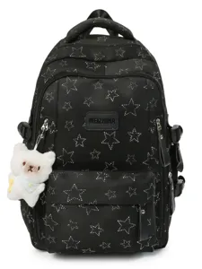 Black school backpack for girls with silver stars pattern, large capacity daily use bag.