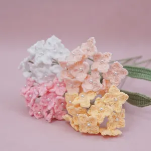 Handmade crochet hydrangea wool flower bouquet, exquisite pearl centers, elegant home decor.