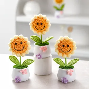 Handmade Knitted Sunflower Potted Plant Crochet Smiling Flower Desktop Ornament Birthday Gift Car Decor