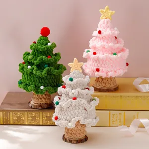 Handmade crochet Christmas tree decoration with wooden base, cute holiday gift ornament.