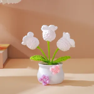 Close up of handmade crochet potted plant detail, cute white floral desktop decor ornament