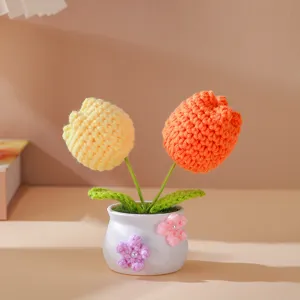 Handmade crochet potted tulip flower desk ornament for home car interior birthday gift