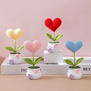 Handmade crochet heart potted plant detail, creative home decor ornament, cute handmade gift.