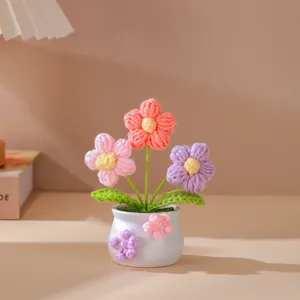 Handcrafted crochet flower potted plant, cute knitted desktop decor and gift for office.