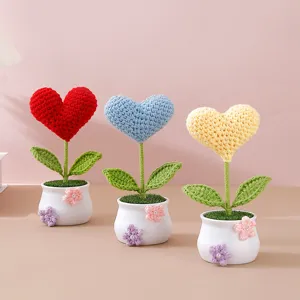 Handmade crochet heart potted plant, lovely knitted flower home desktop decoration gift.