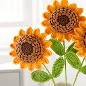 Handmade crochet sunflower flower detail shot, gorgeous wool knit bouquet home decor gift for you