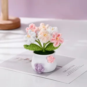 Handmade crochet potted flower decoration, cute knit floral desk and car ornament gift.