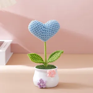 Handmade crochet heart flower potted plant, cute home decor and creative desktop ornament.
