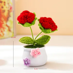Handmade crochet red rose potted plant, cute desktop decoration gift for home or office.