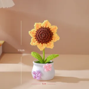 Handmade crochet sunflower potted plant, cute knitted flower desk decoration gift for home.